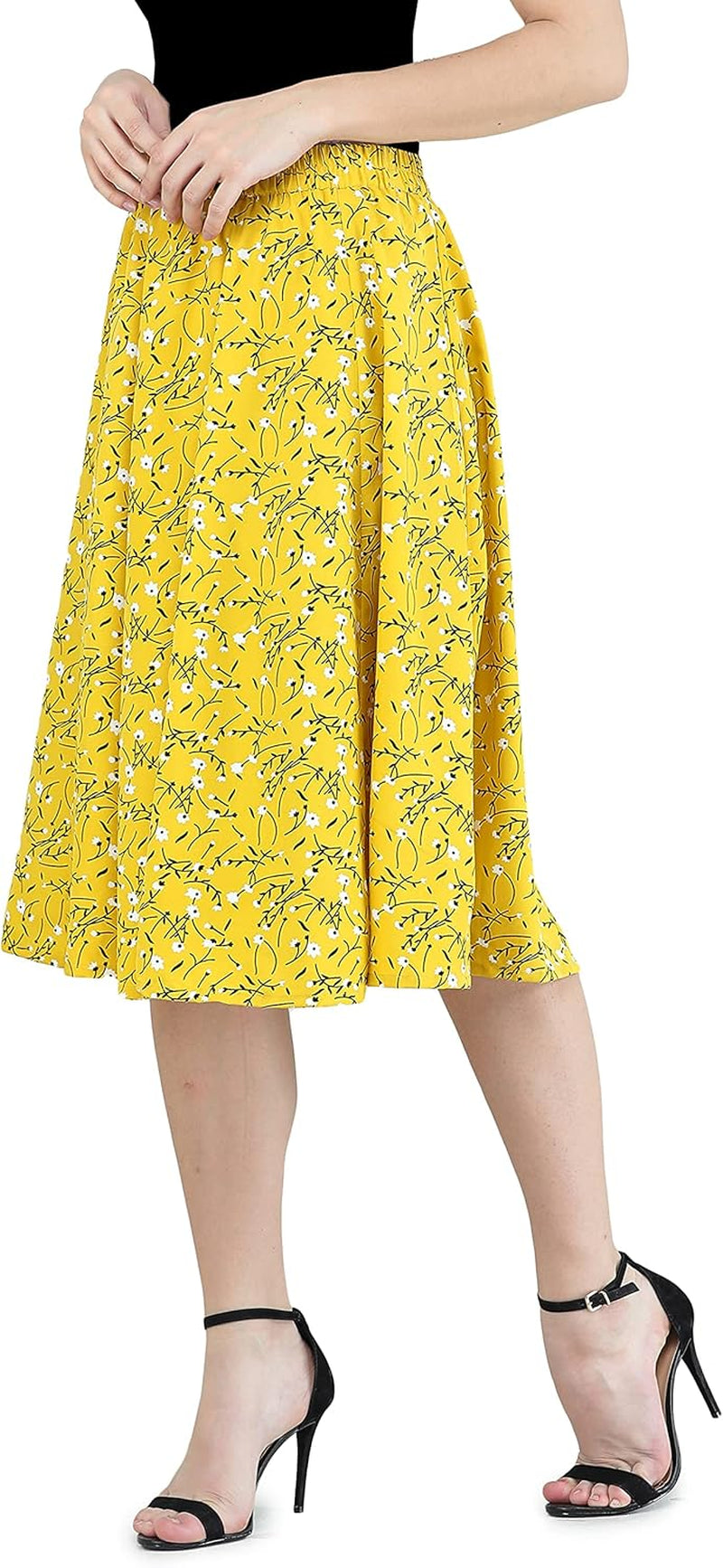 Women'S Casual High Elastic Waist Floral Print Pleated Skirt Midi Skirt