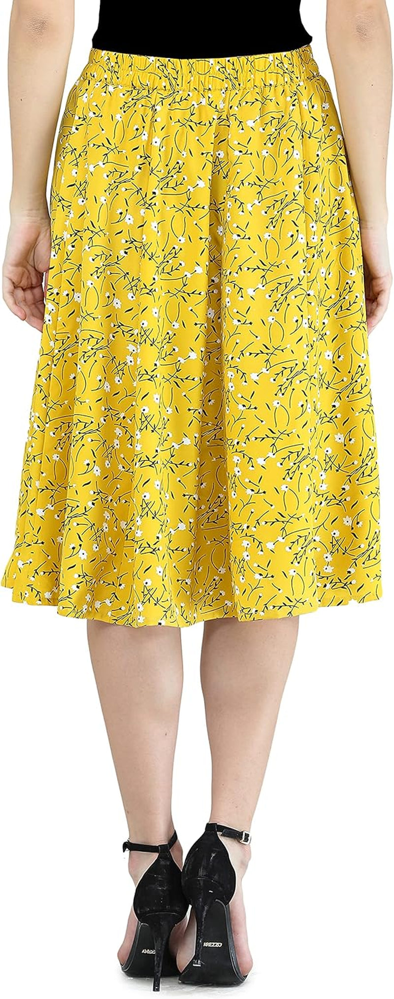 Women'S Casual High Elastic Waist Floral Print Pleated Skirt Midi Skirt