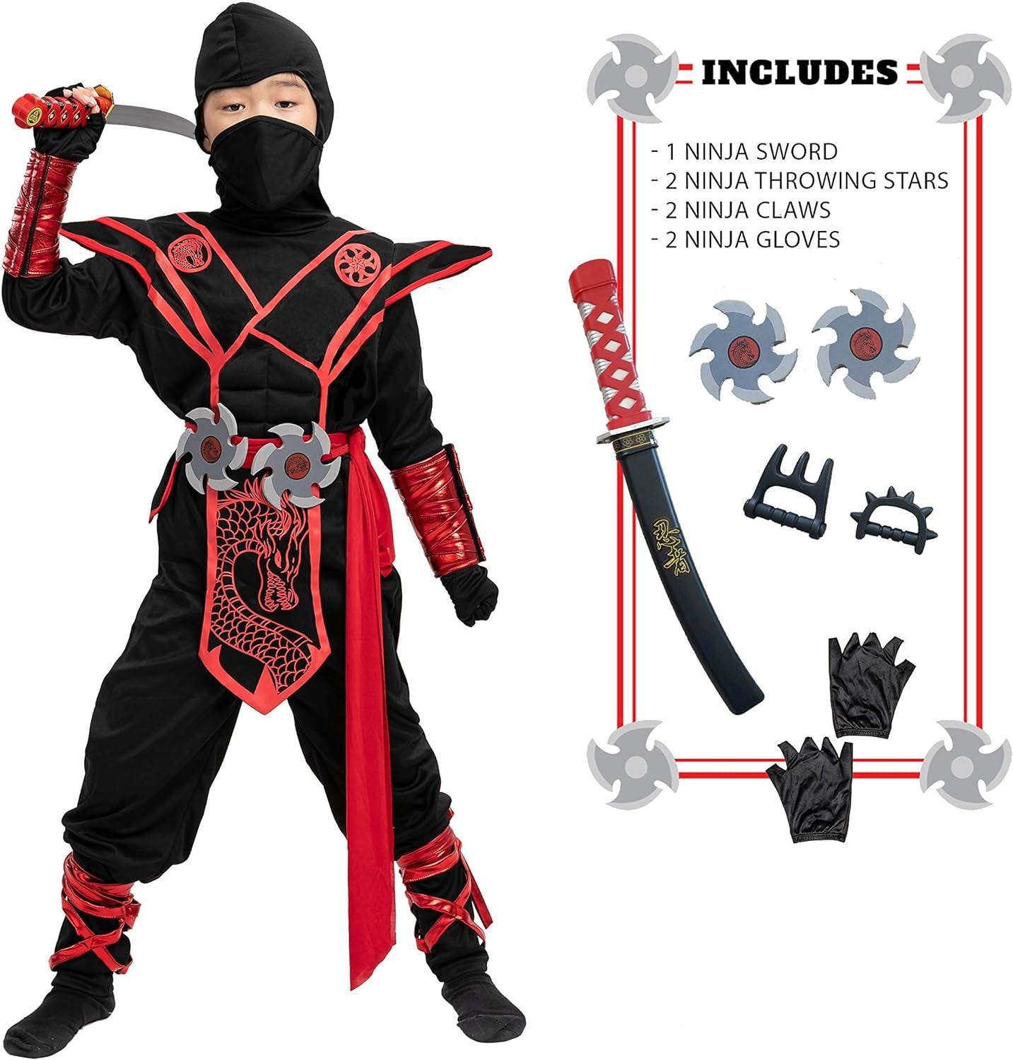 Ninja Dragon Red Costume Outfit Set for Kids Halloween Dress up Party