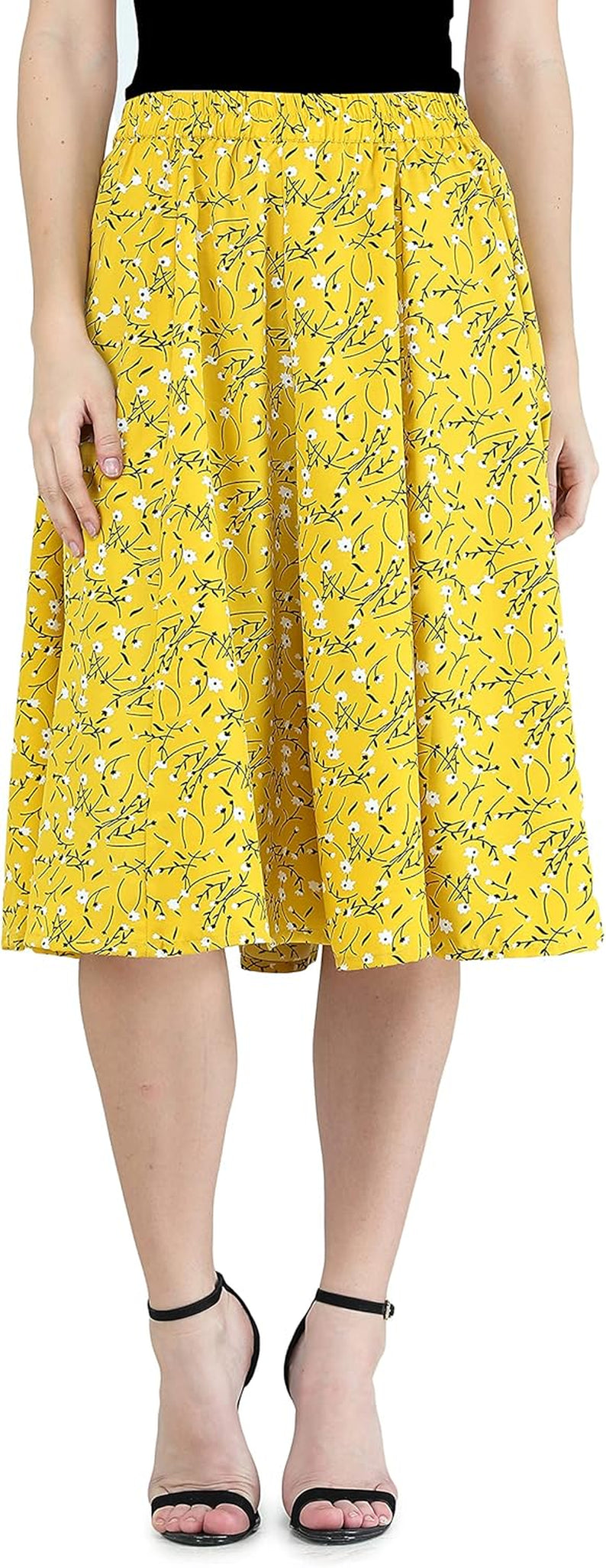 Women'S Casual High Elastic Waist Floral Print Pleated Skirt Midi Skirt