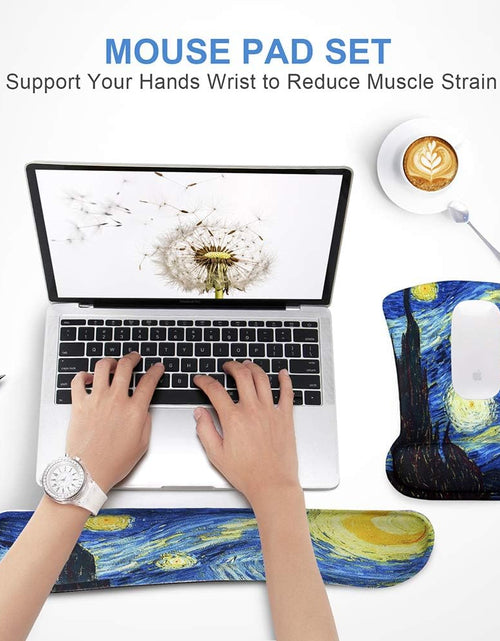 Load image into Gallery viewer, Mouse Pad with Wrist Support and Keyboard Wrist Rest Pad Set,Ergonomic Mouse Pads for Computers Laptop,Non-Slip Comfortable Mousepad W/Raised Memory Foam for Easy Typing &amp; Pain Relief (Starry Night)
